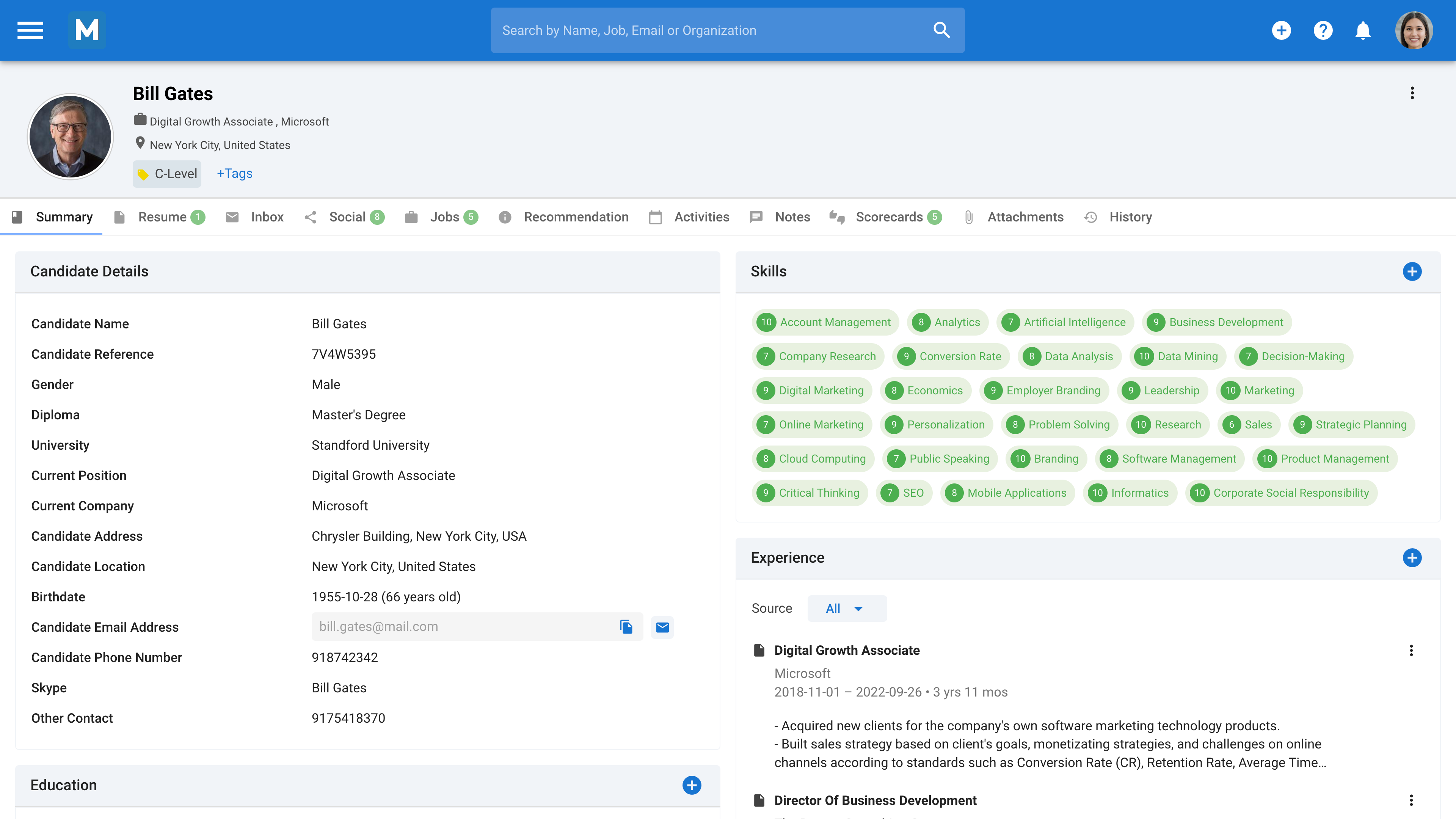 Candidate profile screenshot